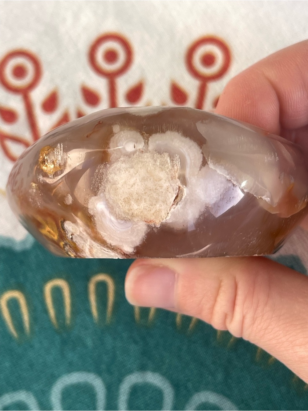 Flower Agate Sphere Holder Orangey Red and White